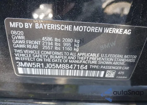 2021 BMW 330I z USA, uszkodzony, nr VIN 3MW5R1J05M8B47164